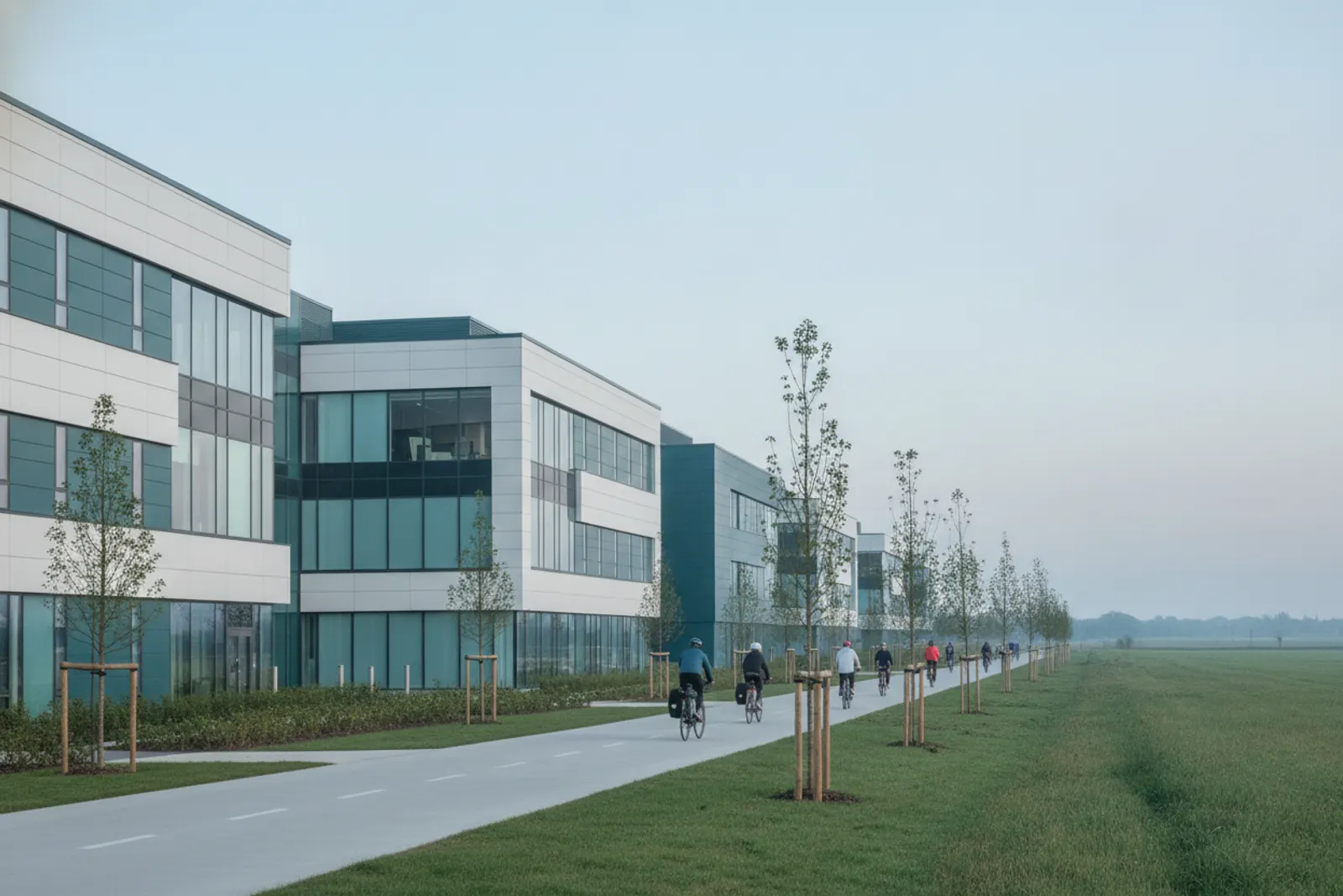 Contemporary hospital and research buildings with cyclists on a wide path in early light