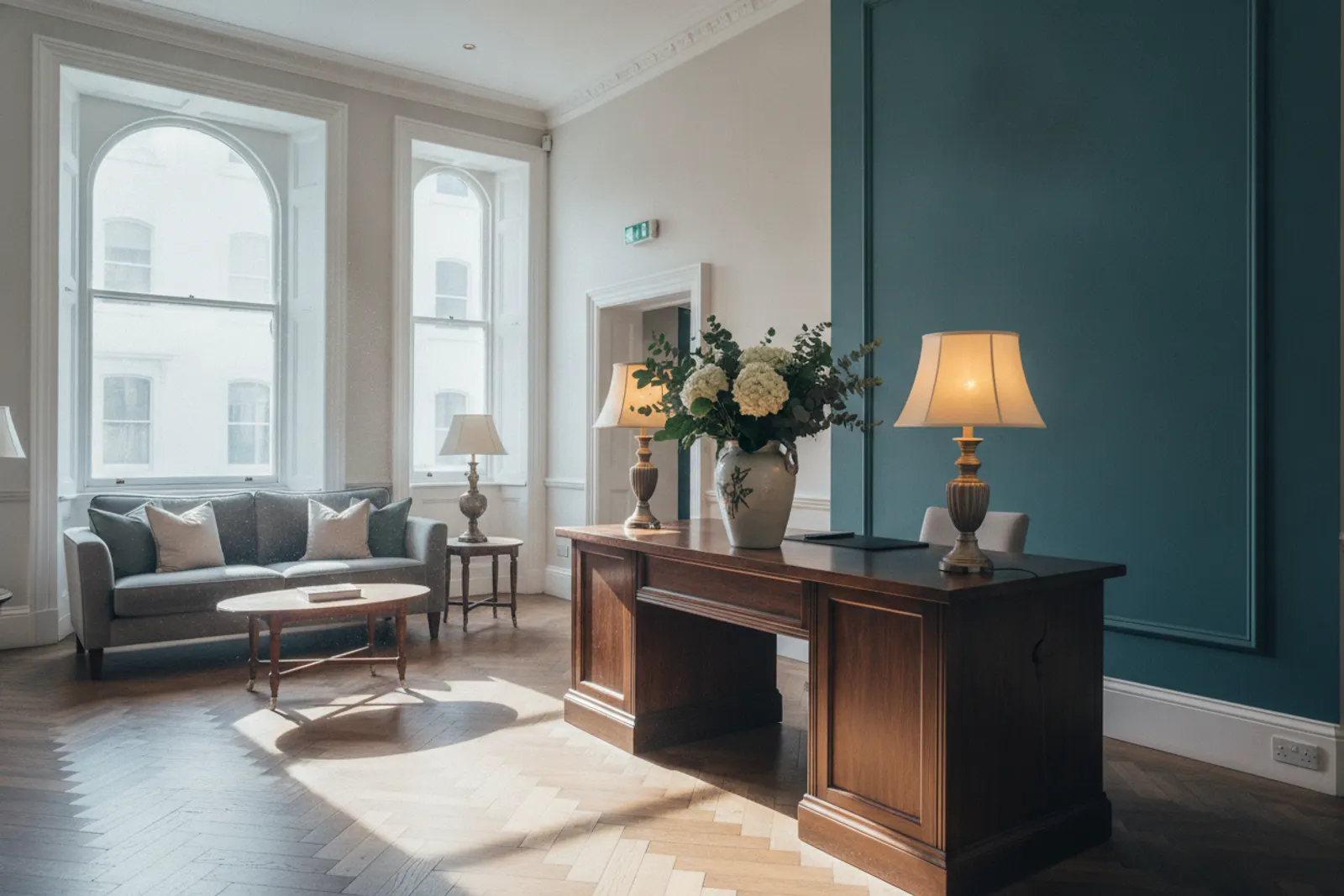 Reception area of a small boutique hotel in a period townhouse with flowers and lamps